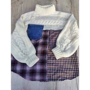 Handmade Upcycled Patchwork Turtleneck Sweater Cable Knit Artisanal Grungecore